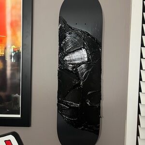 Andy Blank wooden skateboard deck with black acrylic medium and paint.